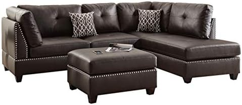 Poundex F6973 Bobkona Viola Faux Leather Left or Right Hand Chaise Sectional Set with Ottoman in Espresso | Comes in 3 packages