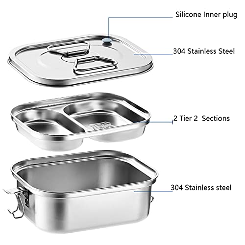 Aiyoo 2 Tier Metal Bento Box For Adults - 304 Stainless Steel 3 Sections Lunch Containers Food Bento Lunch Boxes With Leakproof Lid And Secure Locks - 1000Ml/34Oz #TOP2