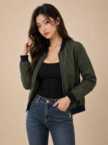 Image of Women's Bomber Jacket | Lightweight Zip-Up Casual Jacket | Full Sleeve Ribbed Collar Solid Jacket with Pockets | Stylish Outdoor Windcheater