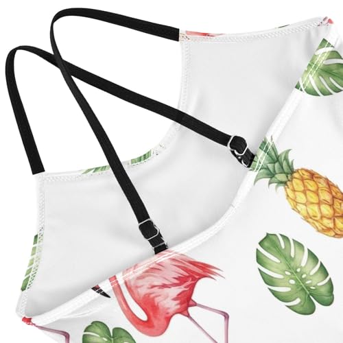 Flamingos Pineapples Green Leaves White Kids Swimwear Girls, Summer Beach Swimwear, 3-104