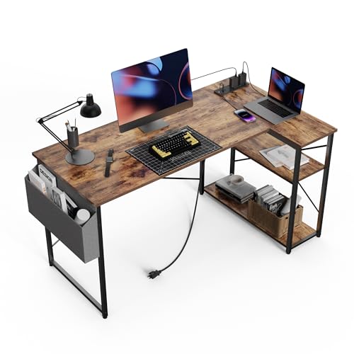 TIQLAB L Shaped Computer Desk with Power Outlets, 47 Inch Small Corner Desk with Reversible Shelves, Gaming Desk Computer Table Study Writing Desk for Home Office Small Space, Rustic Brown