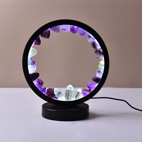 Image of AMOYSTONE Natural Purple Fluorite Crystal Night Light, USB Rechargeable 3-Color Adjustable Lamp 7.5 inch, Bedside Meditation Lamp for Bedroom Office Home Decor