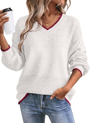 Image of SHEWIN Women's Sweaters Casual Long Sleeve V Neck Crewneck Lightweight Crochet Pullover Sweater Tops