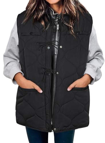 ECOWISH Puffer Vest Women 2025 Sleeveless Jacket Button Zip Up Fall Winter Coat Quilted Padded Gilet Outerwear with Pockets Black Medium