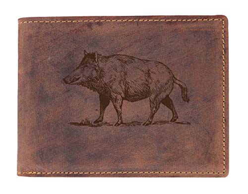 Greenburry Vintage Herrenbörse mit Wildschwein Motiv I Leder Geldbörse mit Wildsau Motiv| Jäger-Ledergeldbörse in braun