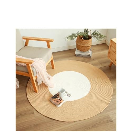 INECARラグラウンドラウンドラウンドラウンドラグラウンドラグフロアマットラウンド手織りジュート北欧自然四季ユニバーサルラグ洗える電気毛布床暖房に適した手作り天然素材 (白+カード,直径120 cm)