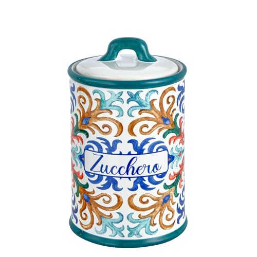 Baroni Home Barattolo Zucchero Decorato in Ceramica con Coperchio Ermetico, Accessorio da Cucina Colorato Resistente, Linea Capri, 11x11x17 cm