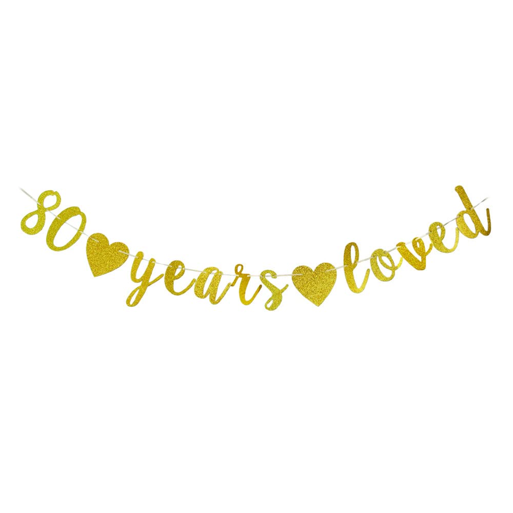 "80 Years Loved" Geburtstagsbanner – Gold Glitter Schrift, 14-teilig, Für 80. Geburtstagsfeier