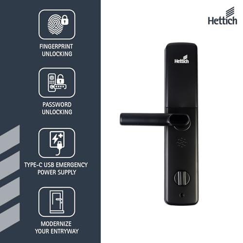 Image of Hettich Smart Digital Door Lock with Fingerprint, Password, Card & Key Backup, CTC 68mm, Backset 60mm, Fits 35-60mm Wooden Doors, Keyless Entry, USB Emergency Power, | (Black, 2-Year Warranty)