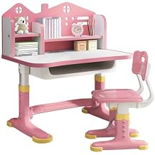 Height Adjustable Kids Desk and Chair Set, Kids Study Table and Chair Set with Castle Backboard Widened Desktop with Storage Drawer & Bookstand, 3+ Boys Girls Desk for Bedroom Pink
