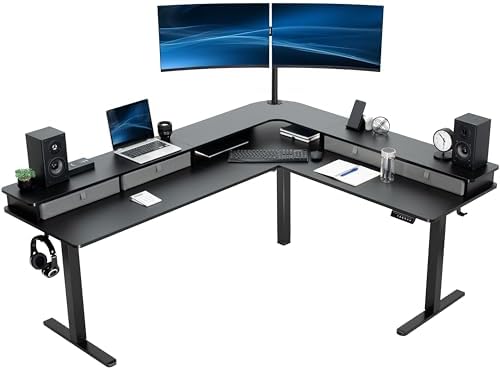 VIVO Electric 2-Tier Corner L-Shaped 63 x 55 inch Standing Desk, Height Adjustable, Memory Controller, Black Top Black Frame, Dark Gray Drawers, DESK-E3CVB - Thumbnail 5