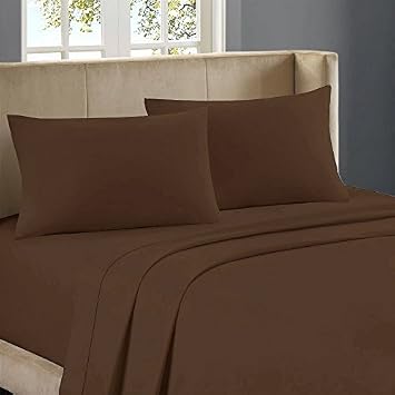 Micro Fiber Bed Sheet Chocolate Flat Sheet + Fitted 19 + 2 Pillowcases Twin 4Piece Breathable & Cooling Sheets