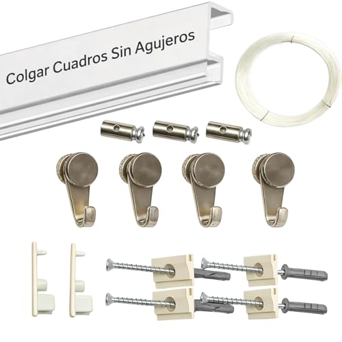 Colgar cuadros sin agujeros - Pack Basic RM | Ganchos para colgar incluidos | Guía de aluminio 150 cm | Soporta hasta 35 kg/ml | Ideal oficinas, galerías y bibliotecas (Guia Blanca, 150cm)