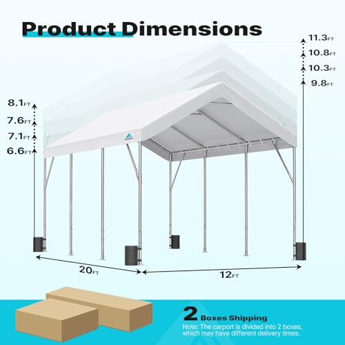 Image of ADVANCE OUTDOOR 12x20 ft Heavy Duty Carport Potable Car Canopy Garage Party Tent Boat Shelter, Adjustable Height from 9.8 ft to 11.3 ft, White