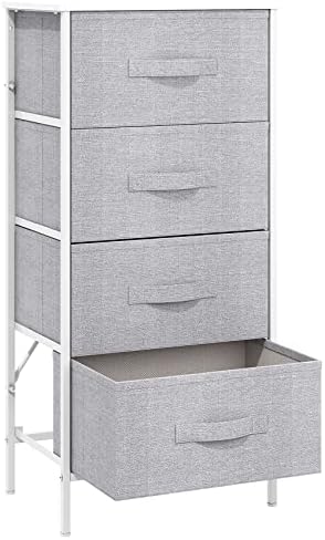 Gernian Dresser with 4 Drawers - Tall Tower Unit Organizer for Bedroom, Nursery Room, Living Room, Hallway - Chest of Drawers, Easy Pull Fabric Bins (White/Grey)