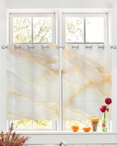 White Golden Marble Sheer Curtains 39 Inch Length 2 Panels