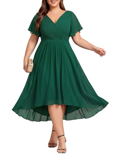 Image of Ever-Pretty Plus Summer Short Sleeves V-Neck Formal Wedding Guest Dresses for Curvy Women Chiffon Midi Cocktail Party Dress