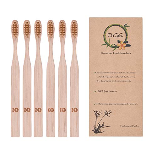 Bamboo Toothbrush,Biodegradable Bamboo Charcoal Toothbrush, Soft Nylon Bristles,BPA Free,Pack of 6