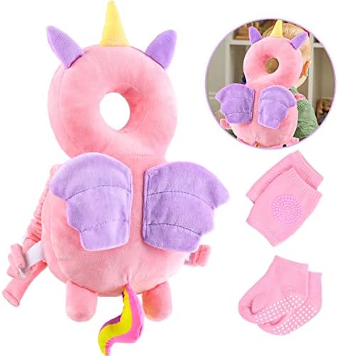 Baby Head Protector and Baby Knee Pads for Crawling,Toddler Baby Walking Head Protection Safety Pads, Adjustable Infant Cushion Backpack for Baby Walkers (Unicorn & Pink & Purple, 4-24 Months)