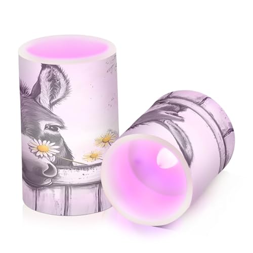 Image of Black White Donkey Flowers Wooden Flickering Flameless Candles LED Battery Operated with Remote Timer Pillar Candles for Home Birthday Wedding Christmas Decor, Set of 2