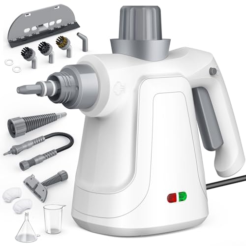 LaoTzi Limpiador de vapor de mano, 1300 W, vaporizador natural de alta presión con tanque grande de 450 ml y bloqueo manos libres, kit de herramientas de limpieza de vapor profesional de 14 piezas