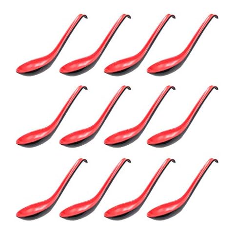 Comicfs Asian Soup Spoons 12 pieces, 12HSP-RB, Large Japanese Soup Spoons, Soba Rice Pho Ramen Noodle Soup Spoons, Chinese Won Ton Soup Spoon, Hook Style (12 Spoons, Red and Black) Cover