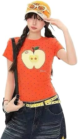 Women Y2k Kawaii Polka Dot Apple Lemon Fruit Graphic Cute Cartoon T-Shirt | Soft Elastic Fabric Delivers Snug And Light Wearing Experience Perfect For Daily Stroll Dating And Campus Outings