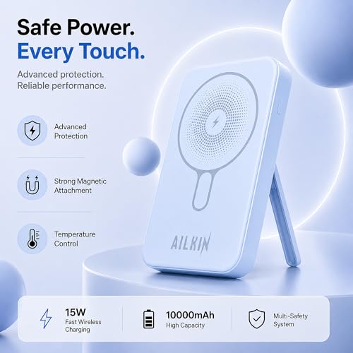Image of AILKIN 10000mAh Power Bank with MagSafe Wireless Charging | Built-in Lightning & Type-C Cables | 22.5W Fast Charging | Kickstand | Slim Portable Charger for iPhone 15 /14 /13 /12 & Android