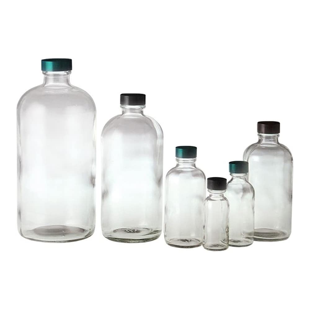 Qorpak GLC-01193 Boston Round Bottle with 28-400 Black Phenolic PolyCone Lined Cap, 16 oz, Clear (Pack of 60)