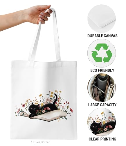 Image of Cute Cat Canvas Tote Bag for Women， Aesthetic Reusable Shoulder Bag for Shopping Travel Work