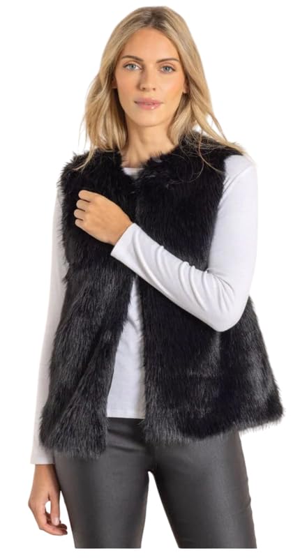 PATAKADEVI Womens Fluffy Faux Fur Sleeveless Open Front Vest Waistcoat | For Layering Outerwear Casual Style | Black Soft Lined Garment | Polyester Faux Fur Texture | Autumn And Winter Season Piece