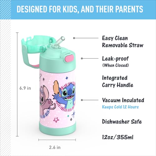 Image of THERMOS FUNTAINER Water Bottle with Straw - 12 Ounce - Kids Stainless Steel Vacuum Insulated Water Bottle with Lid, Stitch