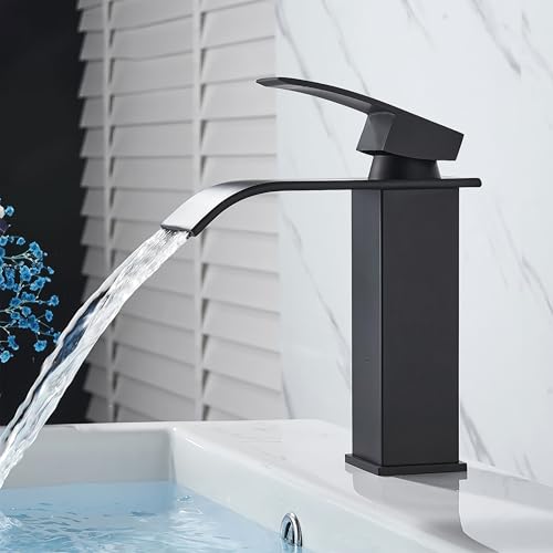 XWIHTR Robinet de salle de bain cascade en acier inoxydable et laiton, économie d'eau, robinet de lavabo, bec chaud et froid, mitigeur de lavabo à levier unique (noir - court - H)