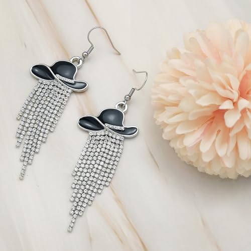 RechicGu Western Cowgirl Enamel Hat Sparkly Rhinestone Tassel Dangle Earrings Prom Country Concerts Rodeo Cowboy Outfits Jewelry Gift for Women3