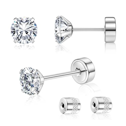 G23 Titanium Threadless Flat Back Earrings-Hypoallergenic 6A Cubic Zirconia Earrings Studs for Men-Trendy 20G Flatback Push Pin Cartilage Earring for Helix Tragus Piercing Silver+CZ 5mm