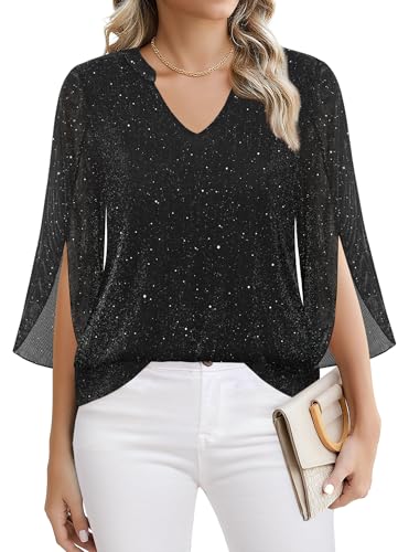 Tencole Womens 3/4 Ruffle Sleeve Sparkly Tops Sequin V Neck Blouses Dressy Casual Fall Shirts3