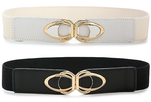 Women's Stretch Belts PU Leather Pair Buckle Elastic Waistband
