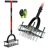 Grenebo Rasenbelüfter – Handbelüfter mit 16 Stacheln, Metall-Rasenbelüfter für den Garten, Rasenbelüftung, automatischer Bodenauswurf (schwarz-rot)