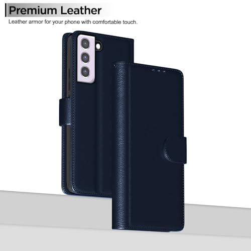 Image of Amazon Basics Flip Cover for Samsung Galaxy S21 FE 5G Leather Finish | Wallet Stand and Shock Proof | Inside TPU with Card Pockets | Complete Protection Flip Case (Blue)