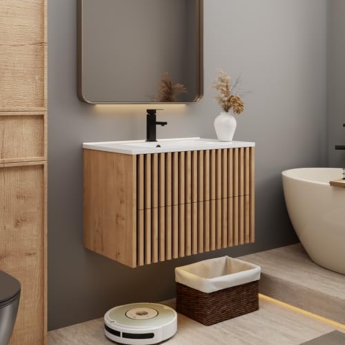 eclife 30' Floating Bathroom Vanity with Sink Combo, Modern Wall Mounted Cabinet with 2 Fluted...