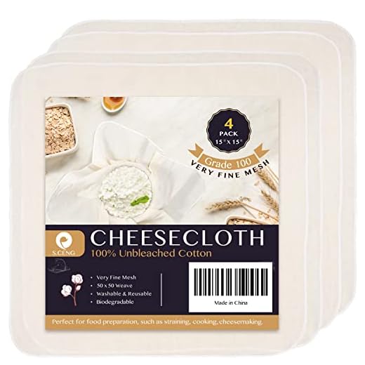 Precut Cheesecloth, 15 x 15'' 4 Pack, Grade 100, Ultra Fine for Straining & Cooking, 100% Unbleached Cotton Cheese Cloth for Making Cheese