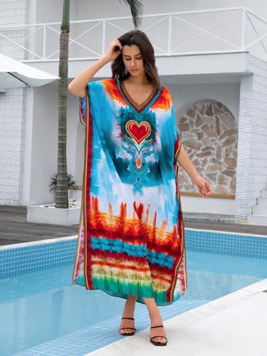 Image of KECVOT Kaftan Dresses for Women V-Neck Print Swimsuit Cover Up Plus Size Beach Caftan Lounge Dress