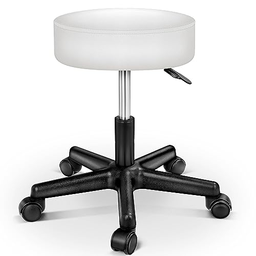 TRESKO Taburete con Ruedas Taburete Giratorio cosmético de Trabajo Consulta, Regulable en Altura, Giratorio en 360°, con Asiento Acolchado de 10 cm y 8 Variantes de Colores (Blanco)