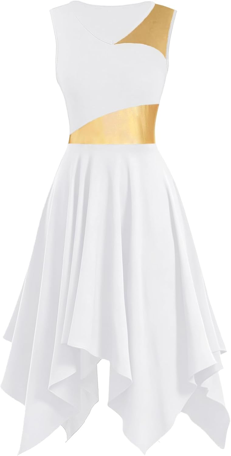 Women's Praise Dance Overlays Dress Tunic Metallic Color Block Sleeveless Irregular Hem Worship Lyrical Dance Dress