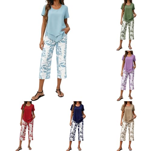 ZRBYWB Womens Capri Sets 2 Piece Outfits Graphic Wide Leg Crop Pants and Top Matching Set Summer Outfits for Women 2026 M #01-Blue