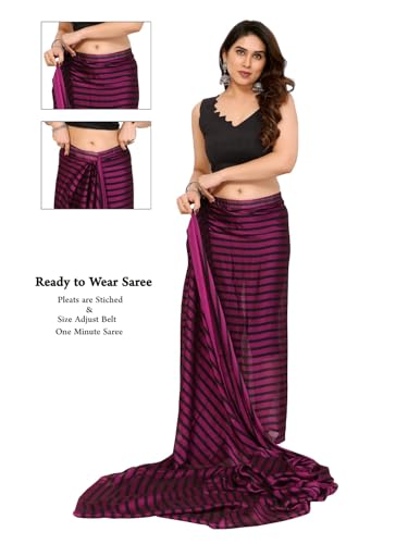 Image of RAJESHWAR FASHION WITH RF Readymade Pleated Pre Drape Stitched Woven Striped Blackberry Silk Sarees For Women With Blouse(Ready To Wear One Minute)
