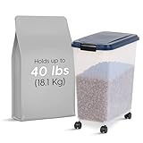 IRIS USA 40 Lbs / 45 Qt WeatherPro Airtight Pet Food Storage Container with Attachable Casters, For Dog Cat Bird and Other Pet Food Storage Bin, Keep Fresh, Translucent Body, Easy Mobility, Navy