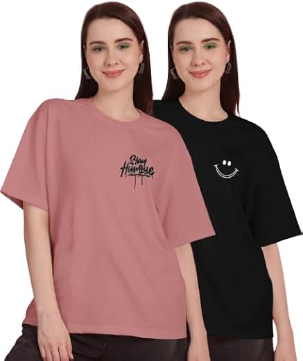 PARTH FASHION Women's Oversized Cotton T-Shirt, Soft &amp; Breathable Casual Tops, Combo Pack of 2, Office &amp; Outings