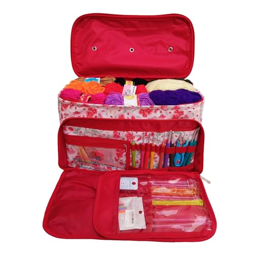 Red Floral Knitting Bag Large Size, Yarn Storage Organizer Tote Bag Holder Case with Durable Zip, Large Pocket for 14 Inch Knitting Needles, Crochet Hooks, Project Accessories, Beautiful Crochet Gift