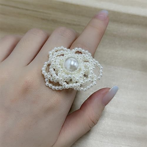 Pearl Ball Flower Statement Ring for Women Girls Gold Tone Handmade Adjustable Expandable Artificial Pearls Bead Cluster Open Wrap Finger Rings Comfort Fit Fashion Wedding Christmas Theme Party Jewelry Gift3